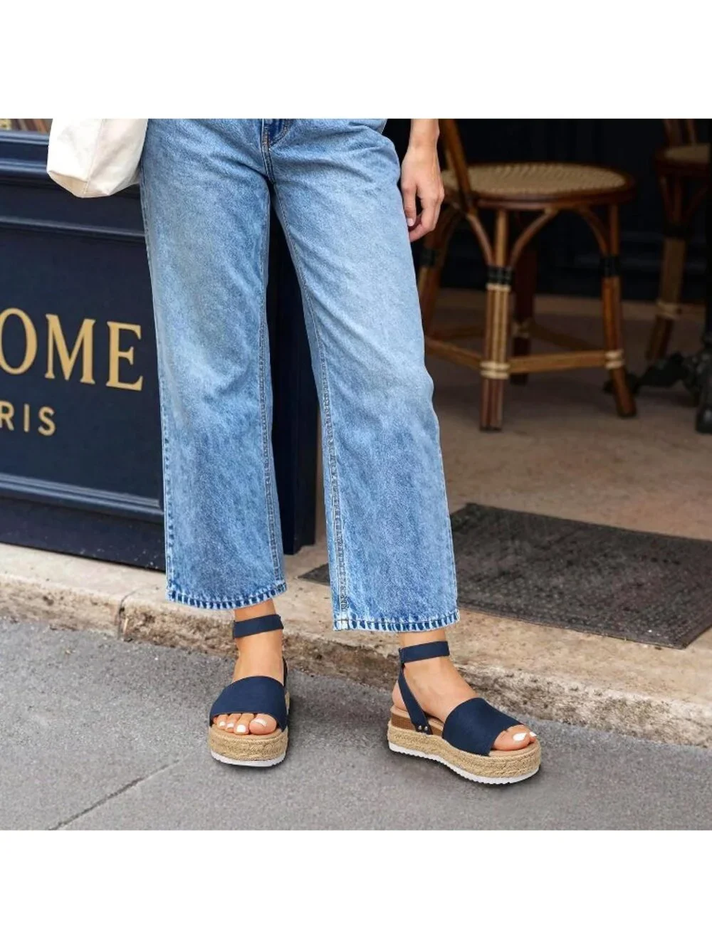 Womens Navy Blue Comfortable Platform Espadrilles Ankle Strap Wedge Sandal Shoes